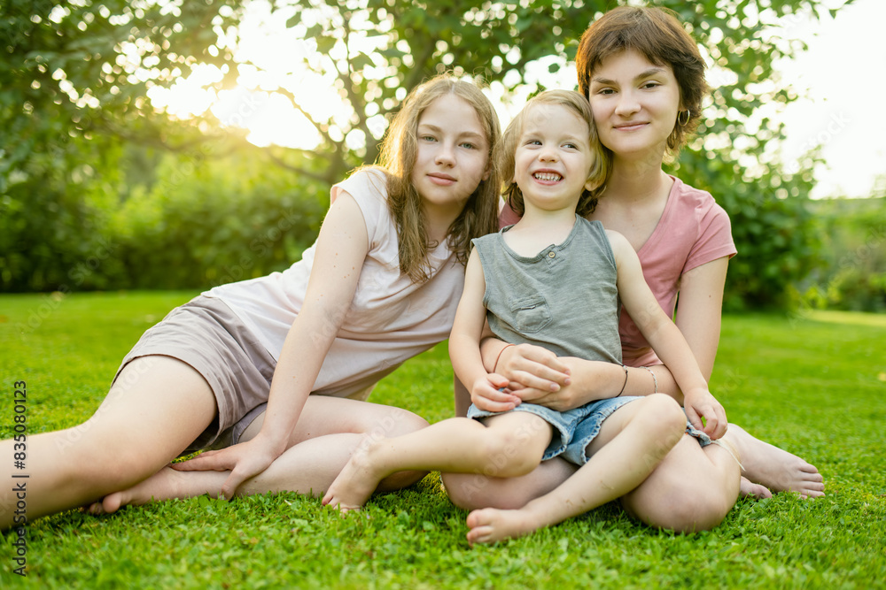 Cute big sisters cuddling with their toddler brother. Adorable teenage girls hugging their small sibling. Children exploring nature.