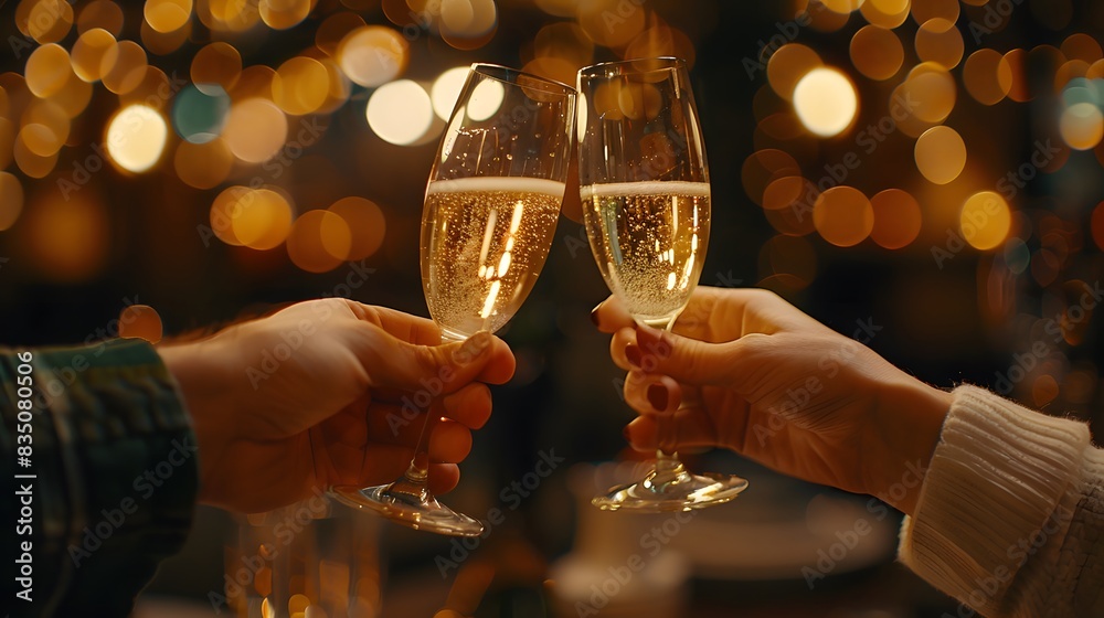 Two hands toasting with champagne glasses, romantic atmosphere with blurred lights in the background. Valentine's Day concept.