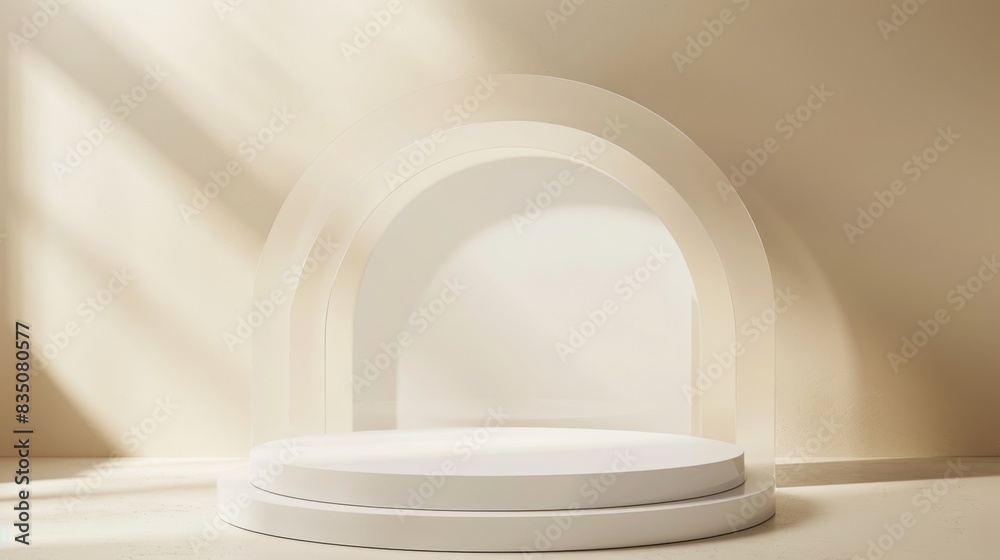 A minimalist white pedestal is set in a sunlit room featuring an elegant arched background. Sunlight streams through, creating soft shadows. A minimalist white pedestal is set in a sunlit room featuring an elegant arched background. Sunlight streams through, creating soft shadows.