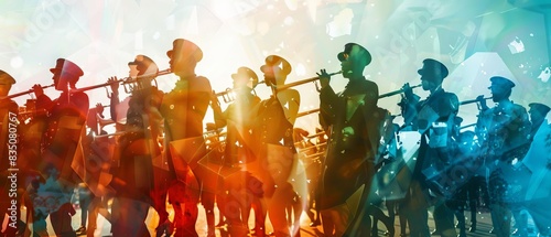 Silhouetted military band members march with brass instruments in a colorful, multi-exposure image during a parade or celebration.