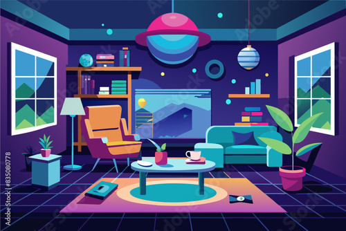 a man sitting in a chair with a laptop, Interior design mockup showcasing virtual reality room redecoration