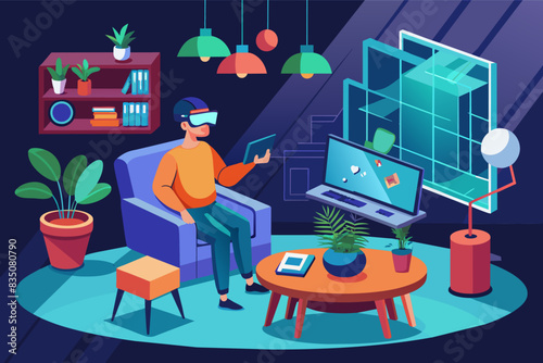 a man sitting in a chair with a laptop, Interior design mockup showcasing virtual reality room redecoration
