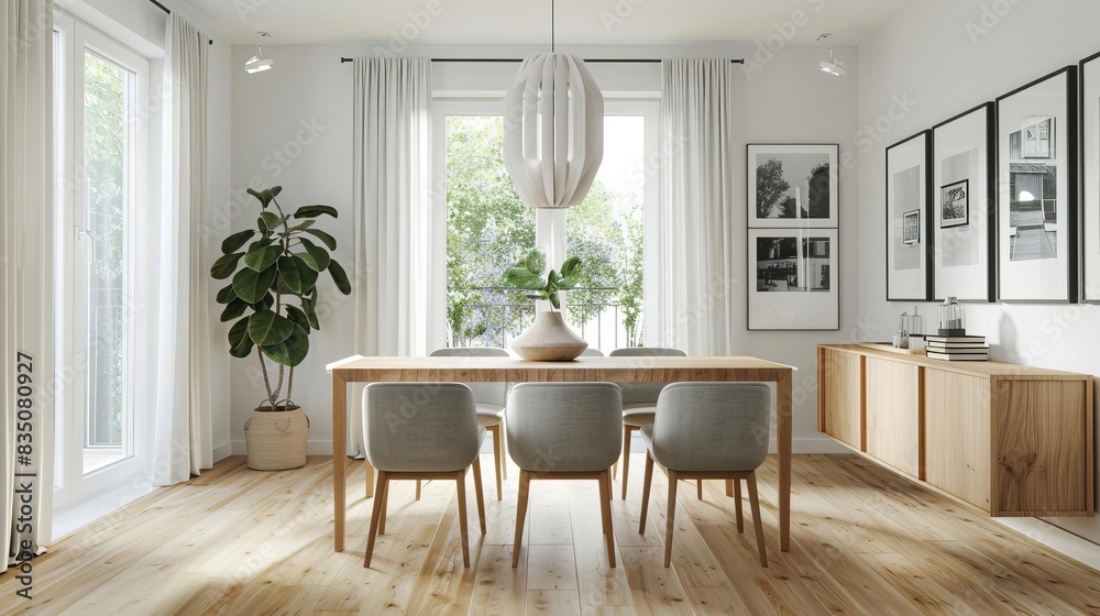 Fototapeta premium A sophisticated Scandinavian dining room with polished wooden floors and large windows that let in natural light A sleek wooden dining table with clean lines is surrounded by uphol