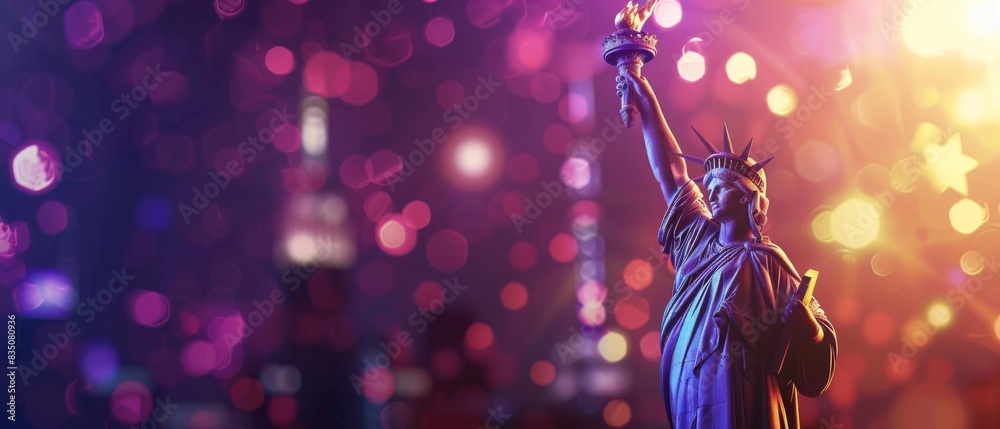 Obraz premium Statue of Liberty with vibrant bokeh city lights in the background, symbolizing freedom and the New York skyline.