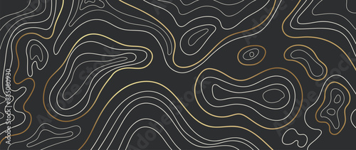Luxury gold abstract line art background vector. Mountain topographic map background with golden lines on black background. Wallpaper design for wall arts, fabric , packaging , web, banner, interior.
