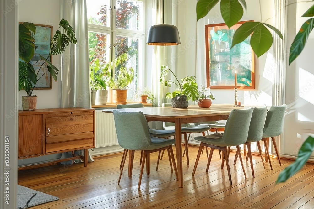 Obraz premium Bright and cozy dining room with wooden furniture, green plants, and natural light from large windows, perfect for a family meal.