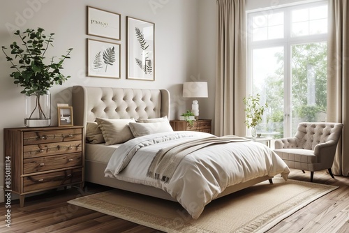 Bright and cozy bedroom with elegant decor  featuring a tufted bed  framed artwork  wooden dresser  and large windows with natural light.
