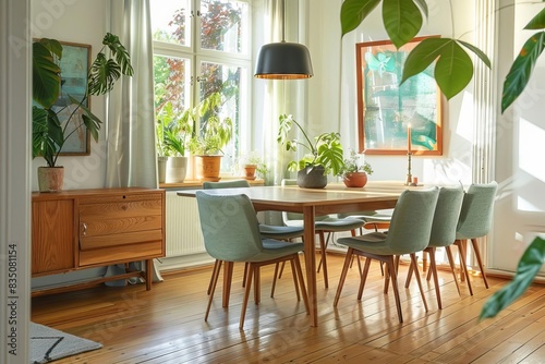 Bright and cozy dining room with wooden furniture  green plants  and natural light from large windows  perfect for a family meal.