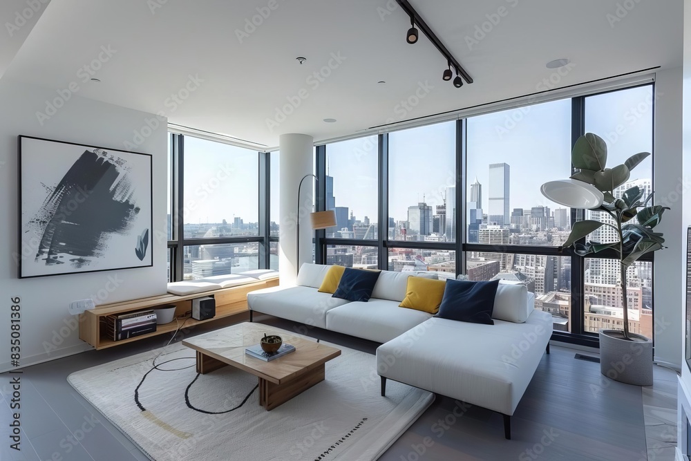 Modern living room with large windows, minimalist decor, and a panoramic city view. Comfortable white sofa and contemporary furniture. Modern living room with large windows, minimalist decor, and a panoramic city view. Comfortable white sofa and contemporary furniture.