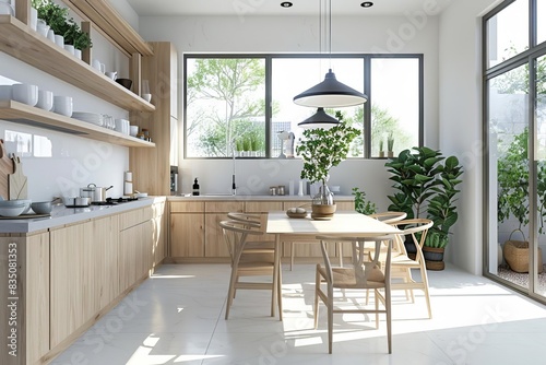 Modern kitchen interior with wooden cabinets  large windows  and dining table. Bright and spacious with plants and natural light.