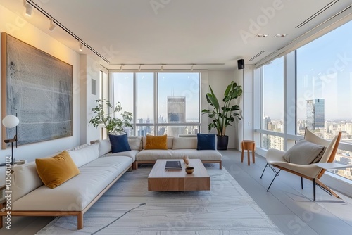 Modern living room with large windows  contemporary furniture  and city skyline view  offering a bright and airy ambiance.