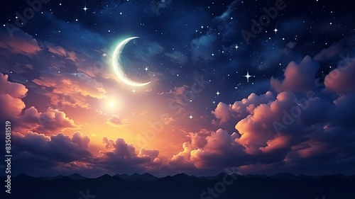 Ramadan dusk picture. Beautiful religious background with crescent, stars and glowing clouds, copy space, generative ai