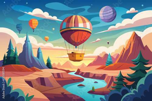 a hot air balloon flying over a river, A sunroom with floor-to-ceiling glass, comfortable seating, and a view of the landscaped gardens