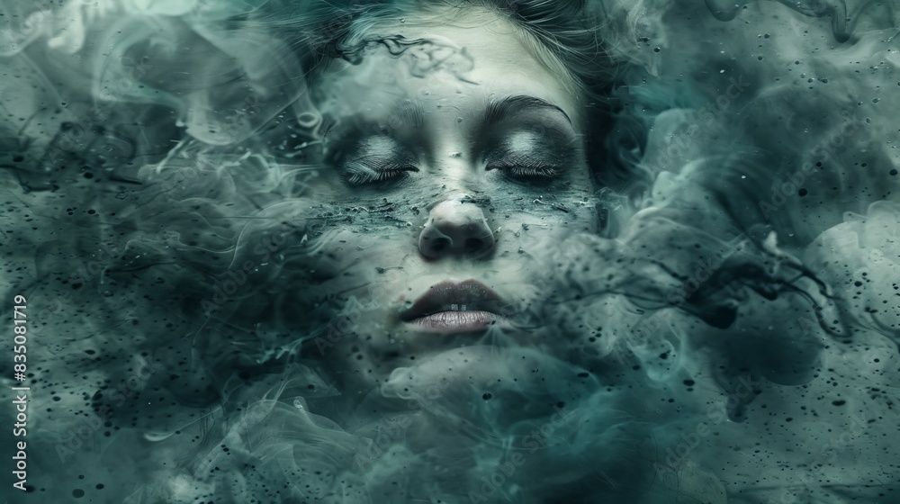 Surreal fantasy portrait of a woman emerging from swirling mist, blending ethereal elegance and mystery in an enigmatic visual art piece.