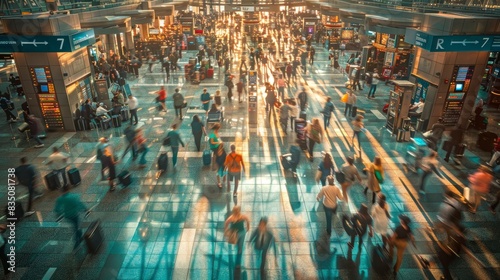 An aerial view of a busy airport terminal filled with travelers rushing to catch their flights.