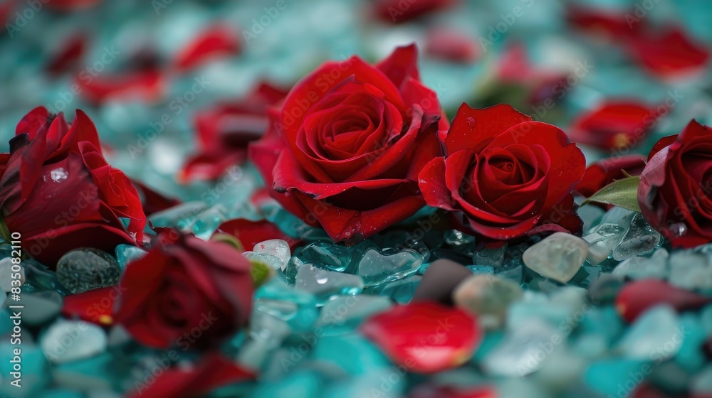 Red roses with sea glass scattered around Red roses with sea glass scattered around