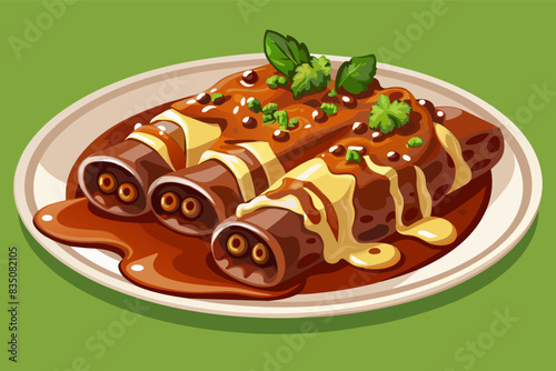a plate of enchiladas with sauce and green onions, Enchiladas smothered in a rich mole sauce