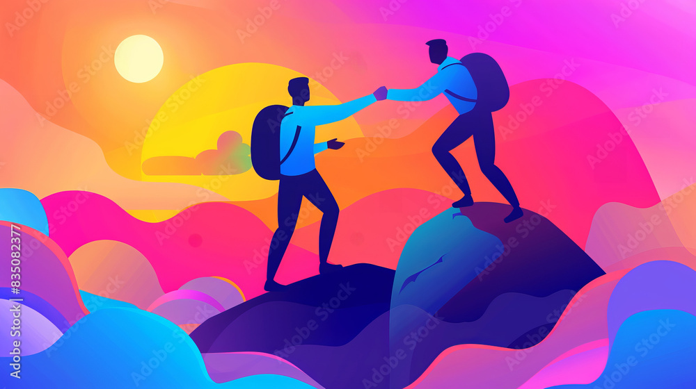 Two hikers reaching the summit at sunset, symbolizing teamwork and achievement amidst a vibrant, colorful landscape. Two hikers reaching the summit at sunset, symbolizing teamwork and achievement amidst a vibrant, colorful landscape.