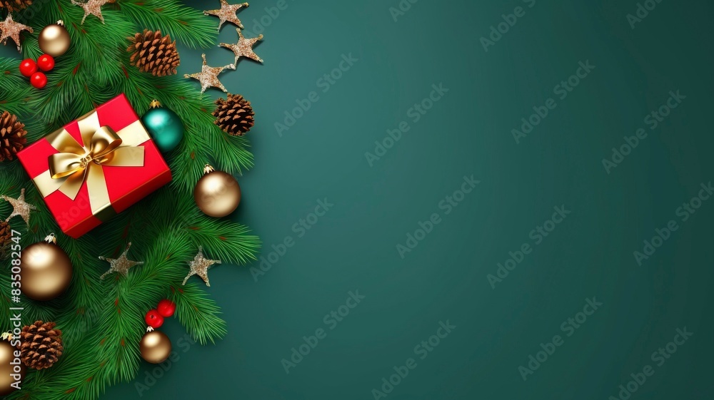 Christmas Day concept. Top view photo of big present box green red baubles gold star ornament pine cone mistletoe berries snow and fir branches on isolated green background, generative ai Christmas Day concept. Top view photo of big present box green red baubles gold star ornament pine cone mistletoe berries snow and fir branches on isolated green background, generative ai