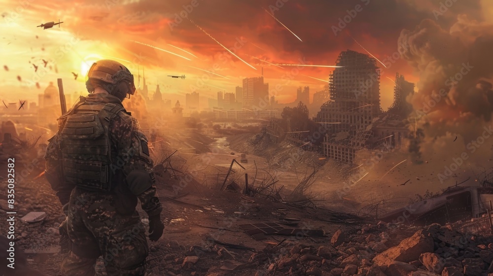 battle-armored soldier in the midst of shattered ruins battle-armored soldier in the midst of shattered ruins