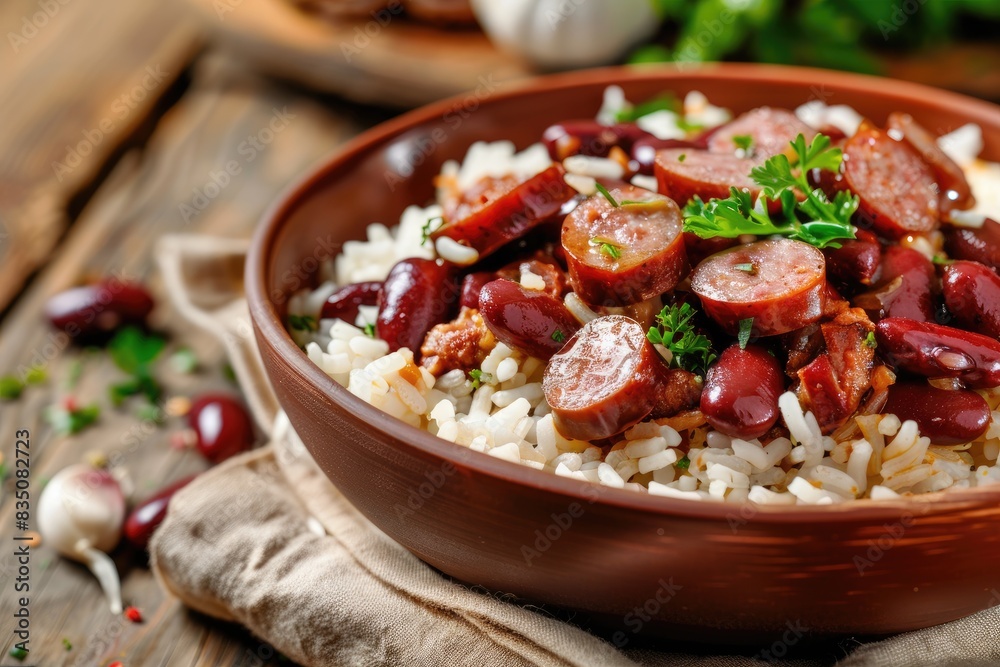 A bowl of hearty red beans and flavorful sausage served over rice, garnished with fresh parsley, perfect for a comforting meal. A bowl of hearty red beans and flavorful sausage served over rice, garnished with fresh parsley, perfect for a comforting meal.