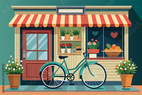 a bicycle parked outside of a store with a red awning, A vintage bicycle leaning against a colorful flower shop window