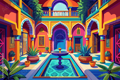 a colorful courtyard with potted plants and a fountain, Romantic vector illustrations