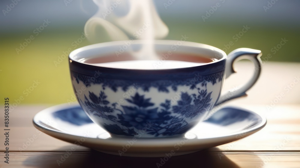 a cup of tea with steam on the background of a window with sunset a cup of tea with steam on the background of a window with sunset