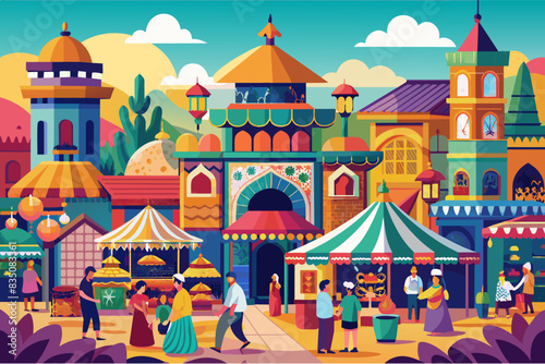 a colorful city with people shopping and eating, Romantic vector illustrations