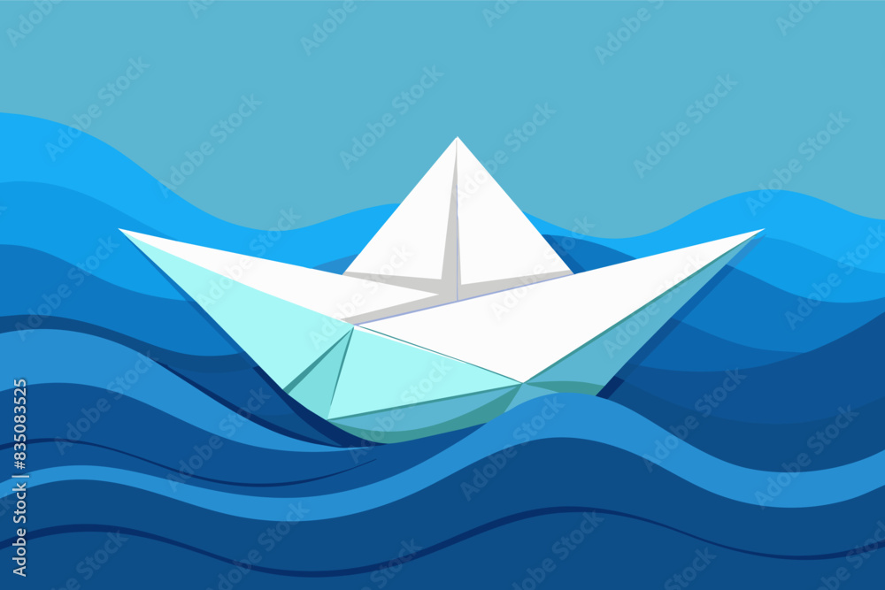 a paper boat floating on top of a wave, A single, origami sailboat gently gliding on a calm blue wave a paper boat floating on top of a wave, A single, origami sailboat gently gliding on a calm blue wave