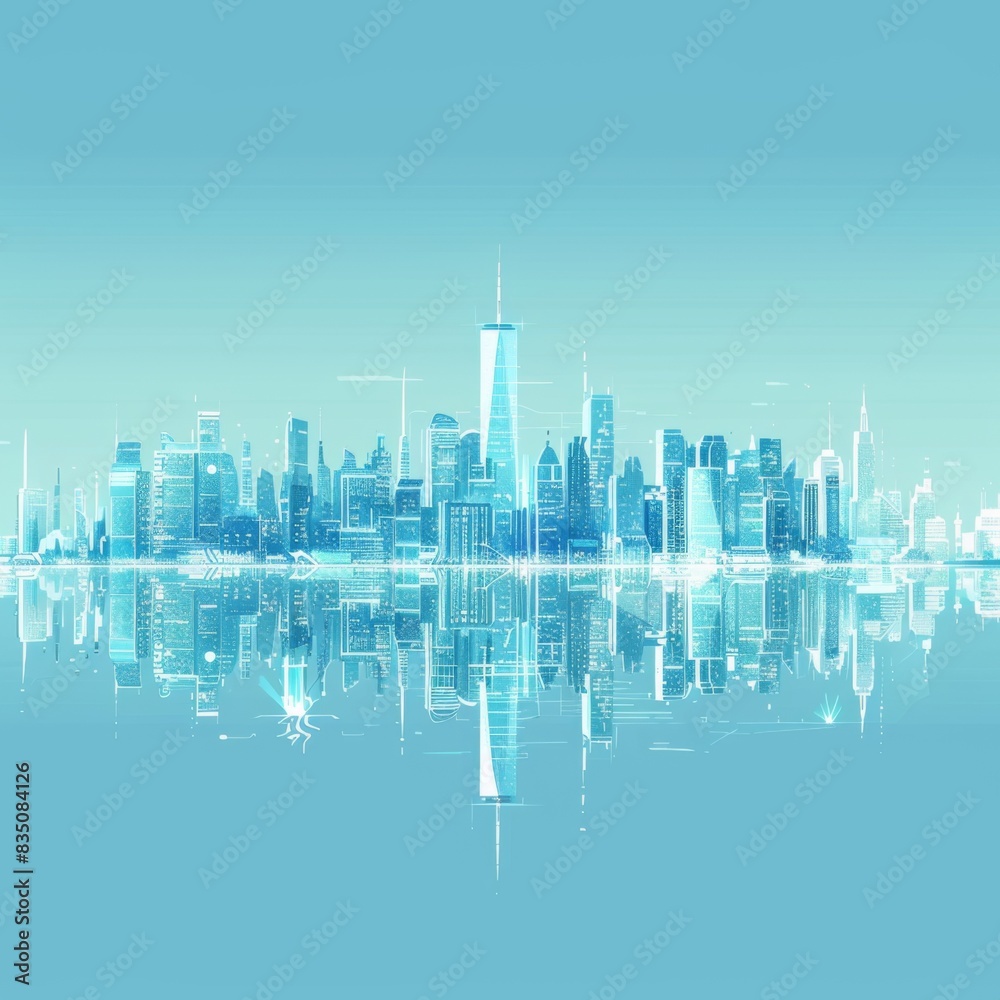 Naklejka premium Brightly Illustrated Future City Skyline with Vector Buildings, abstract graphic, banner design, brochure, pattern design, web, background template