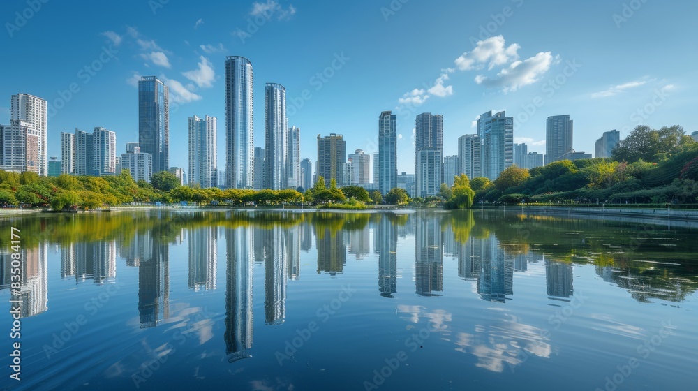 City skyline reflecting in a calm lake with lush greenery, a clear blue sky, and high-rise buildings on a sunny day. City skyline reflecting in a calm lake with lush greenery, a clear blue sky, and high-rise buildings on a sunny day.