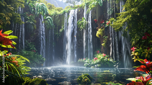 A striking image of a waterfall in a tropical paradise  with lush greenery and brightly colored flowers.