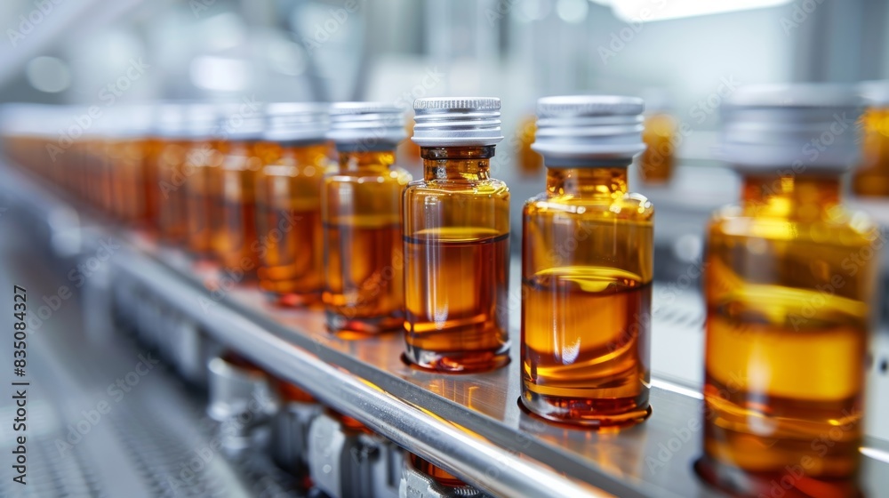 Close-up of a production line with amber glass bottles filled with liquid, showcasing industrial manufacturing and automated bottling process. Close-up of a production line with amber glass bottles filled with liquid, showcasing industrial manufacturing and automated bottling process.