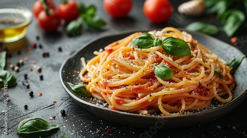A plate of classic spaghetti pomodoro garnished with basil leaves and parmesan on a dark surface