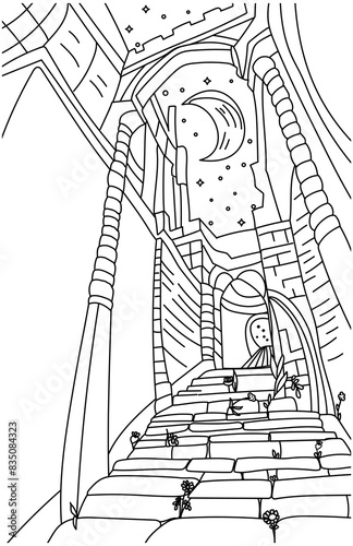 Outline illustration abandoned castle coloring page