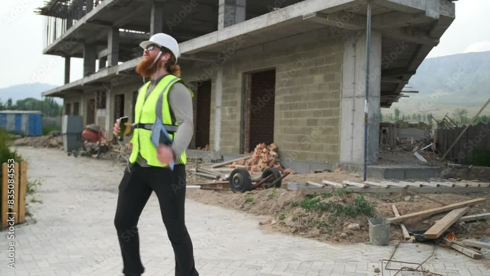 Red bearded smiling architect or engineer at construction site dancing holding phone and tablet in sunglasses to rhythm music in headphones. Red bearded smiling architect or engineer at construction site dancing holding phone and tablet in sunglasses to rhythm music in headphones.