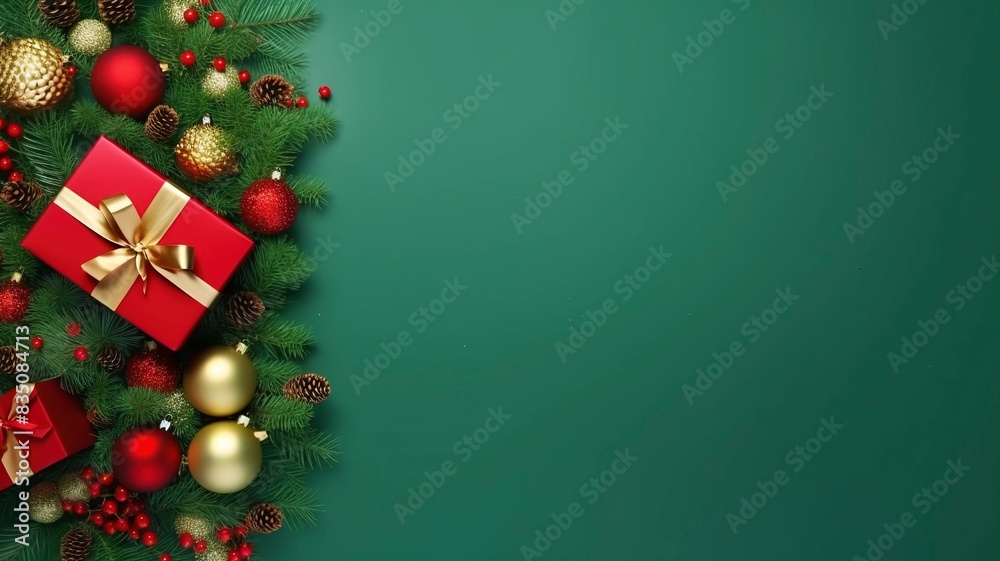 Christmas Day concept. Top view photo of big present box green red baubles gold star ornament pine cone mistletoe berries snow and fir branches on isolated green background, generative ai Christmas Day concept. Top view photo of big present box green red baubles gold star ornament pine cone mistletoe berries snow and fir branches on isolated green background, generative ai