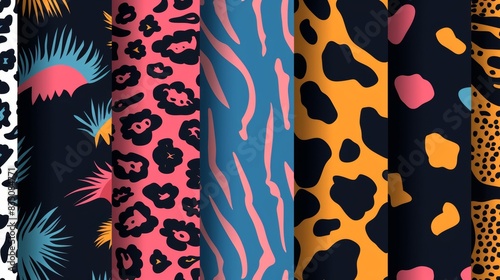 Collection of colorful animal print patterns  including leopard and zebra designs in vibrant pink  blue  and gold hues  on various textures.