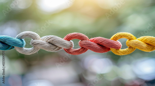 Close-up of colorful intertwined ropes symbolizing a strong, diverse network and teamwork, against a blurred background. © PhotoGranary