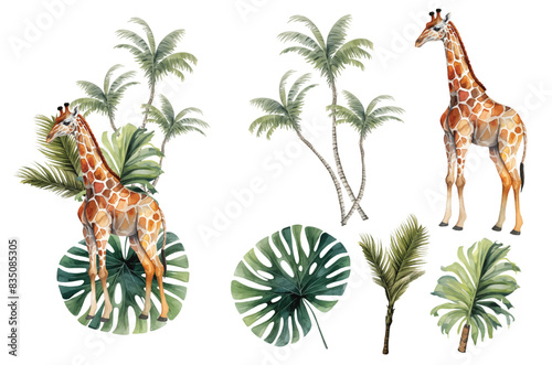 Watercolor giraffe with palm leaves