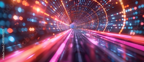 Colorful motion blur tunnel with vibrant lights, abstract digital background representing futuristic technology and speed concept.