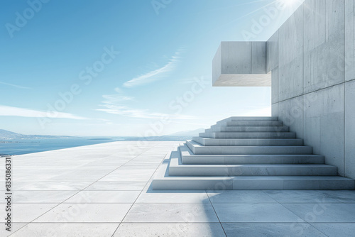 Concrete steps and buildings on the square Empty architectural background. 