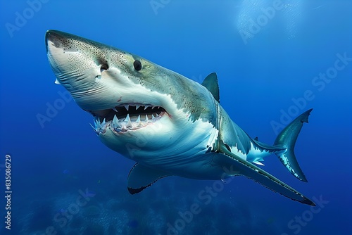 Stunning portrait of a majestic great white shark  full body shot  perfect sharp teeth  swimming in the deep blue ocean. 