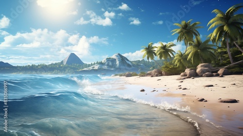 Scenic Tropical Beach with Crystal Clear Waters and Majestic Mountains