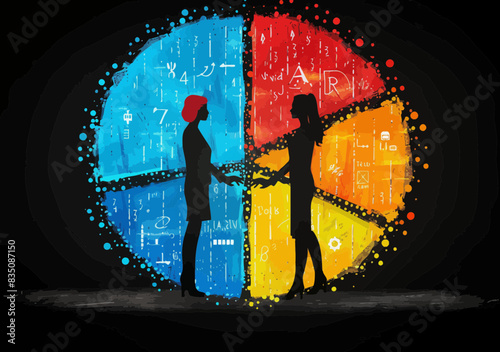 Business couple dividing profit from colorful pie chart, minimalistic illustration on dark background, concept of profit distribution, financial planning, teamwork, and business strategy
