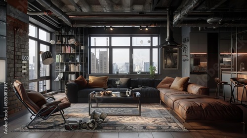A cozy industrial living room with dark hardwood floors and exposed ductwork The room includes a charcoal gray sectional sofa with rustcolored cushions