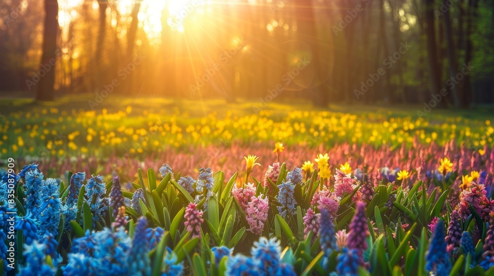 Obraz premium Graduation Cap in a Field of Hyacinths: A Springtime Celebration of Education and New Beginnings, 4K HD Wallpaper