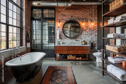 An elegant industrial bathroom featuring polished concrete floors and an exposed brick wall The room includes a freestanding bathtub with a black finish