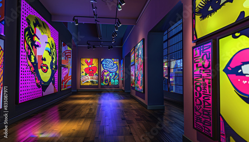 A vibrant gallery showcasing pop art and interactive digital displays, creating a dynamic and energetic atmosphere.